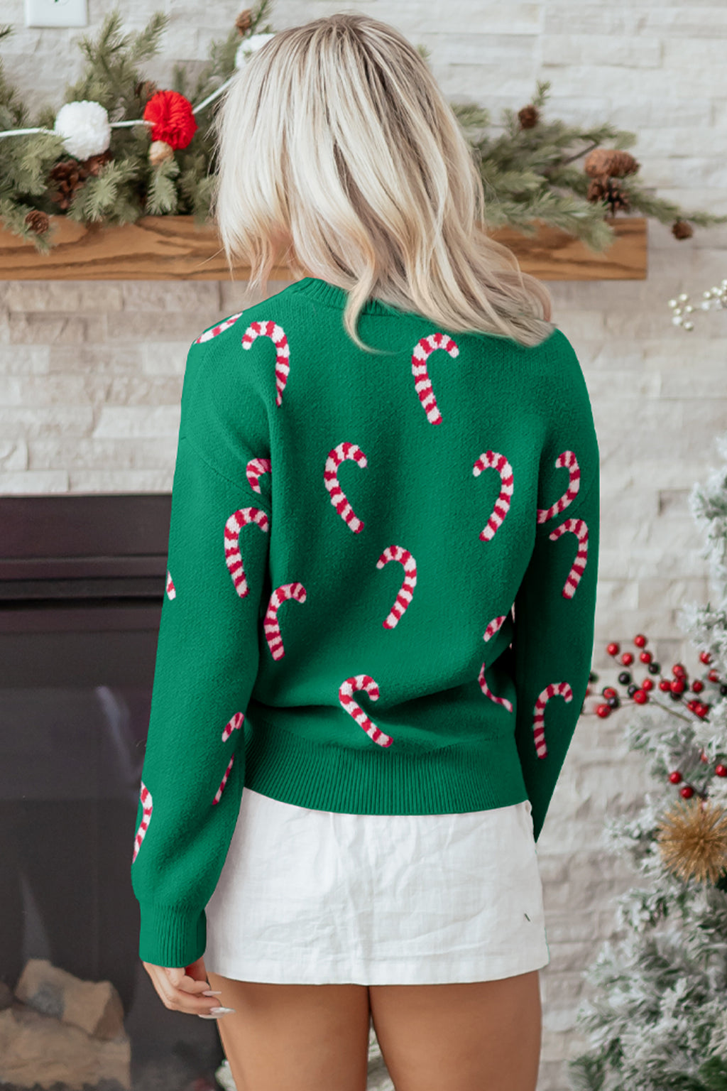 Dark Green Christmas Candy Cane Holiday Drop Shoulder Sweater