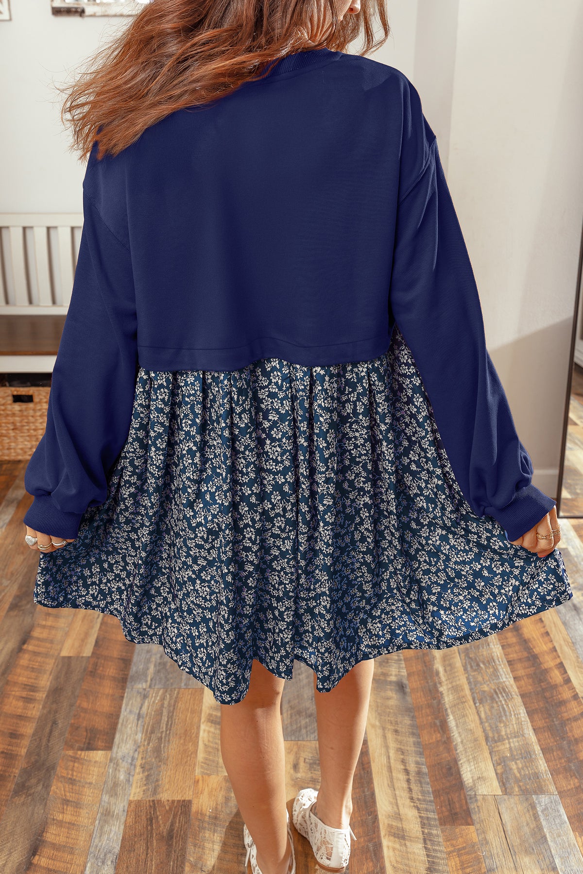 Orange Solid Long Sleeve Top Patchwork Floral Flared 2-in-1 Mini Dress