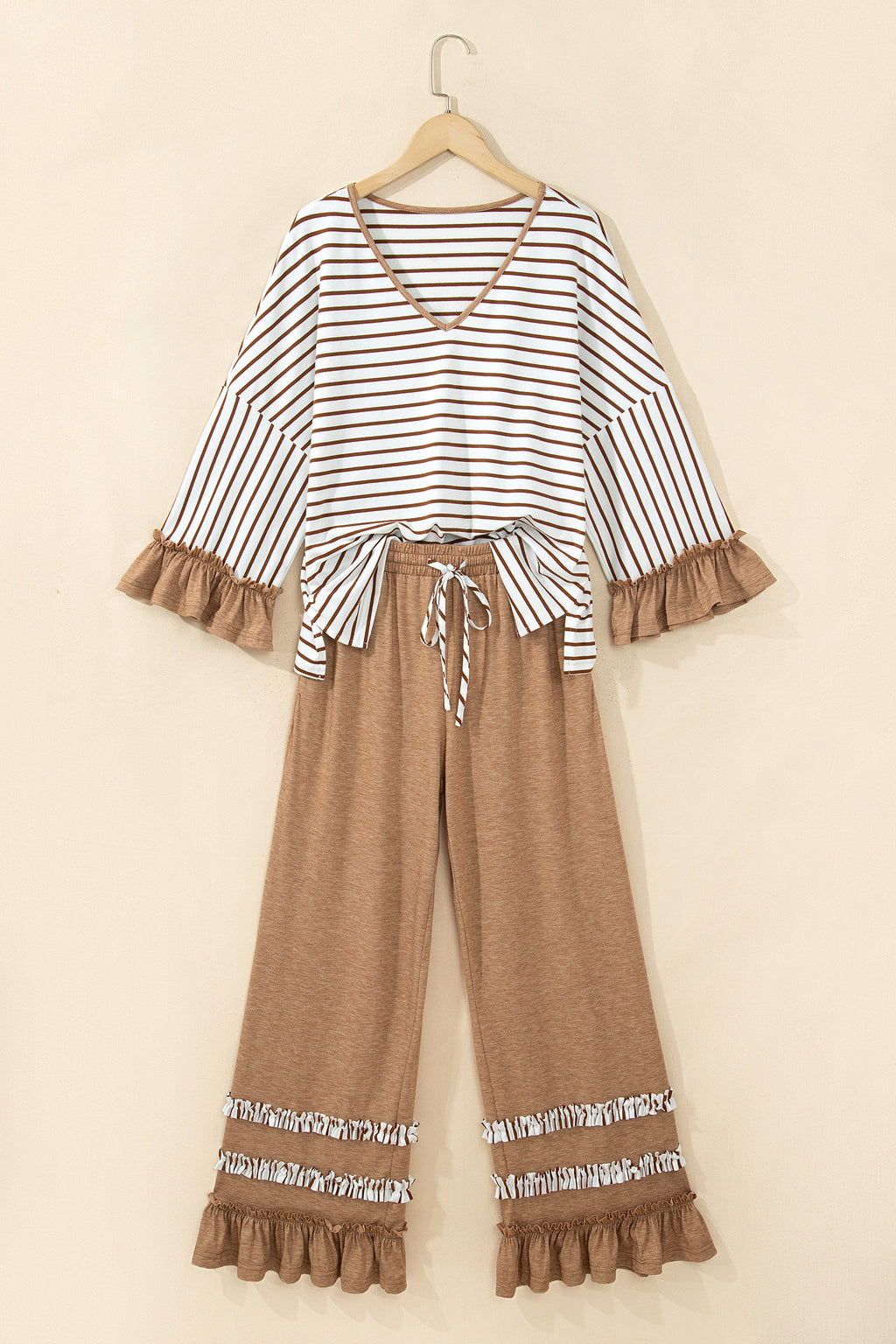 Khaki Stripe V Neck Ruffle Contrast Sleeve Top Drawstring Pants 2pcs Set
