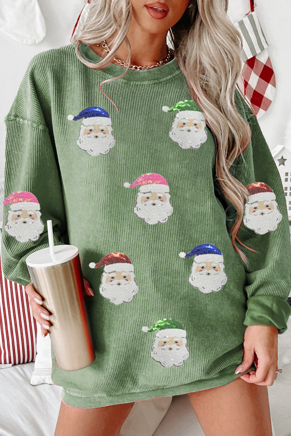 Grass Green Corded Ribbed Sequin Patched Santa Claus Graphic Sweatshirt