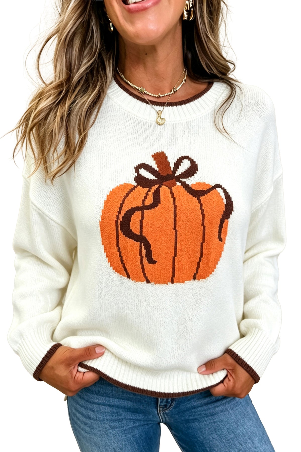 Chicory Coffee Fall Pumpkin Pattern Casual Pullover Sweater
