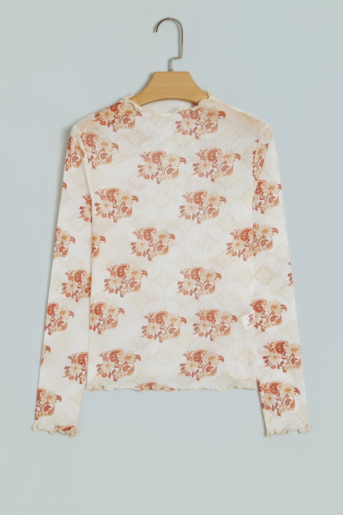 Oatmeal Western Print Slim Fit Mesh Long Sleeve Mock Neck Top