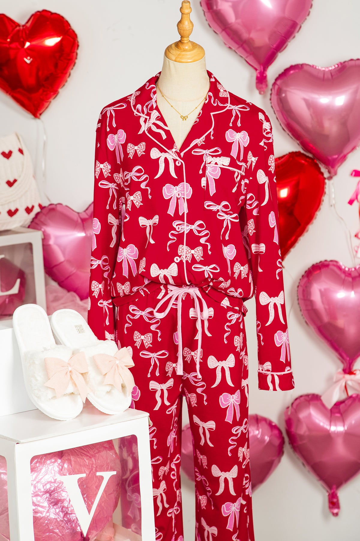 Red Sweet Bow Print Shirt Style Top Long 2pcs Pajama Set