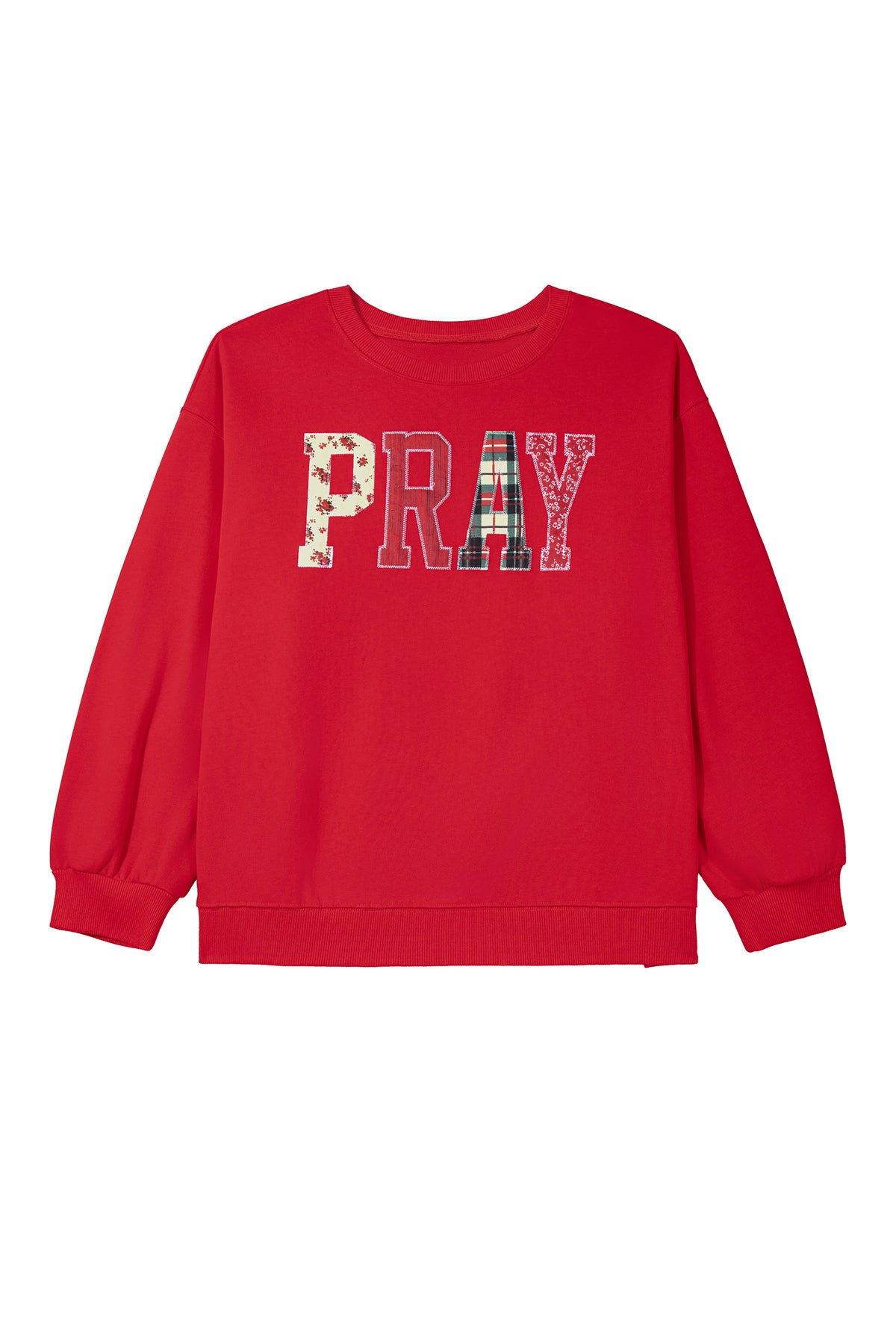 Coffee PRAY Letter Patchwork Round Neck Long Sleeve Plus Size Sweatshirt