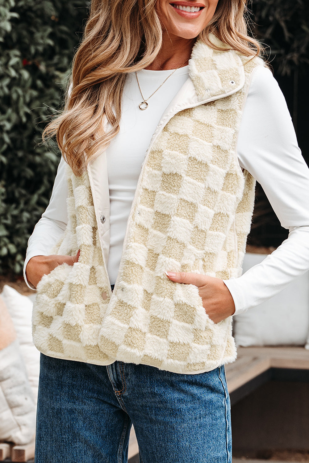 Khaki Sherpa Checkerboard Snap Button Vest Jacket With Pocket