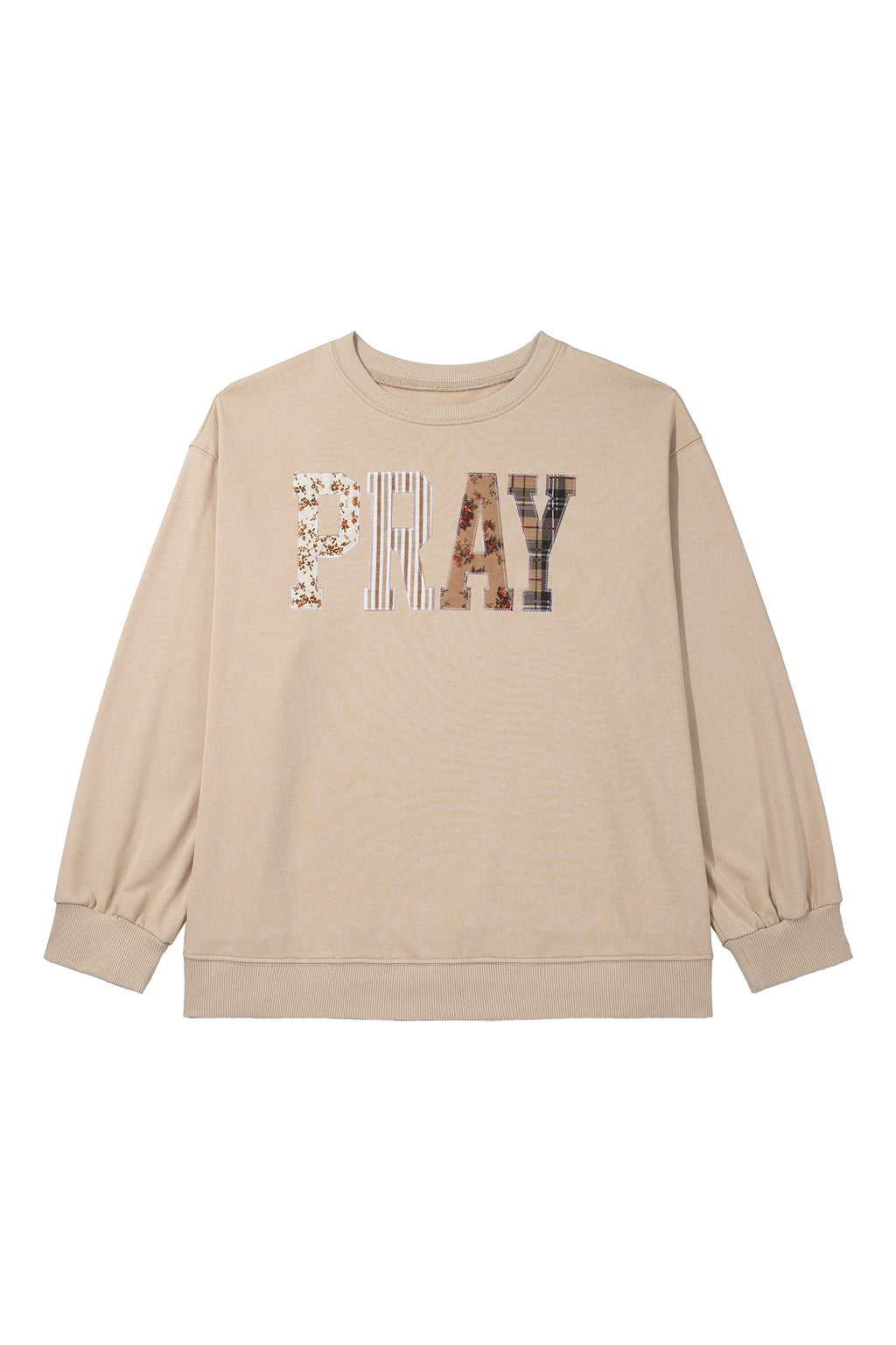 Coffee PRAY Letter Patchwork Round Neck Long Sleeve Plus Size Sweatshirt