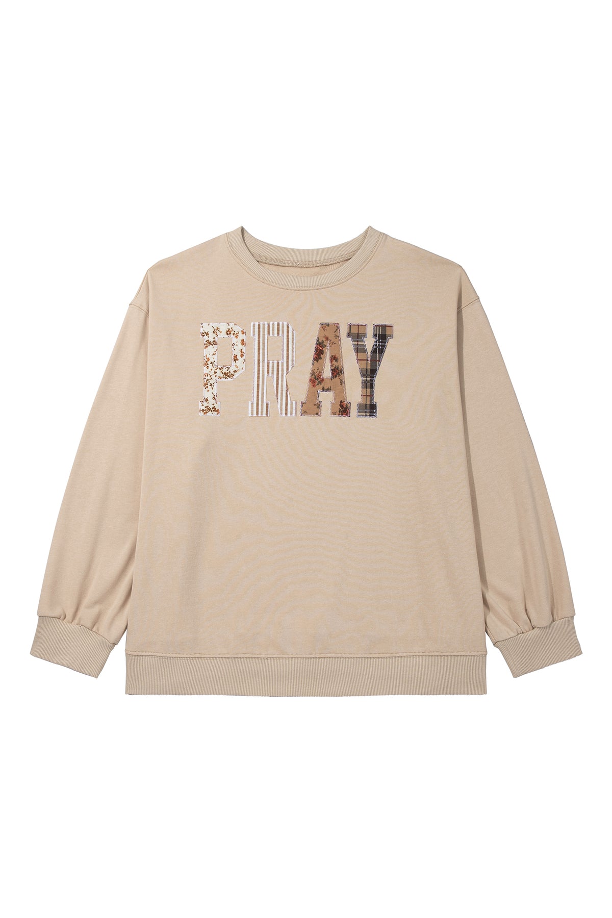 Coffee PRAY Letter Patchwork Round Neck Long Sleeve Plus Size Sweatshirt