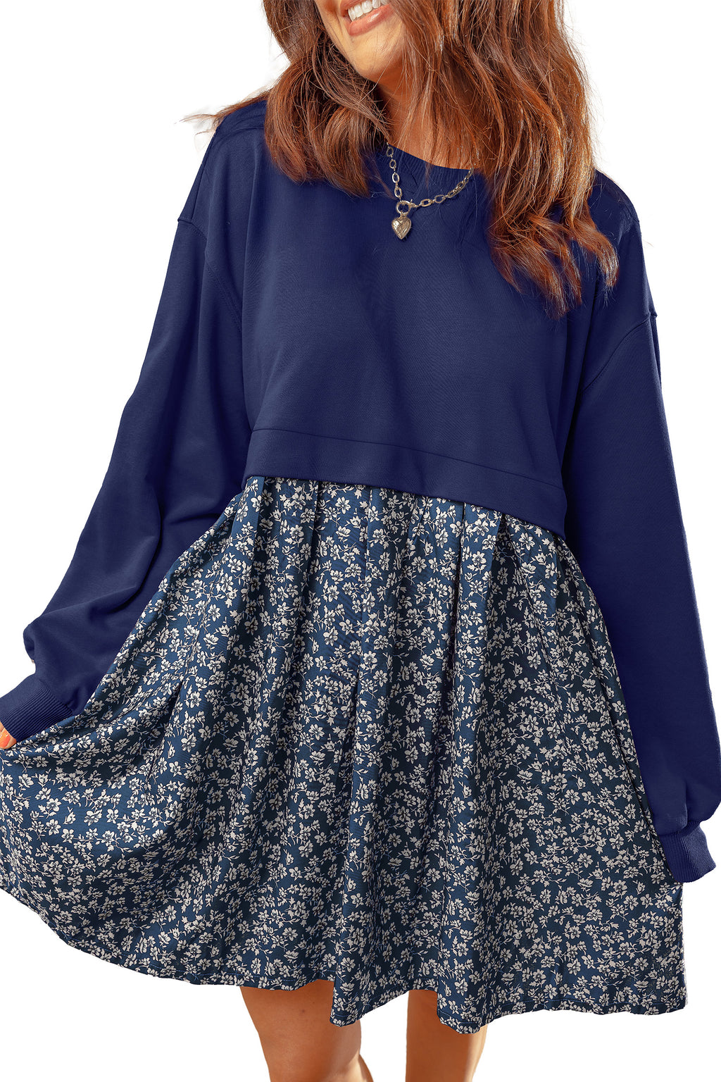 Orange Solid Long Sleeve Top Patchwork Floral Flared 2-in-1 Mini Dress