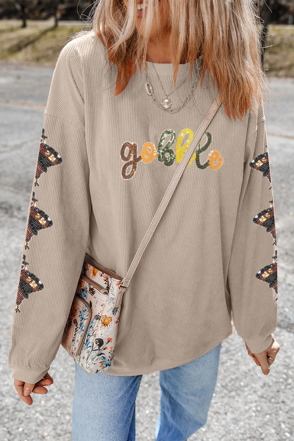 Smoke Gray Corded Ribbed Thanksgiving Turkey Sequin Patched Sleeve gobble Baggy Sweatshirt