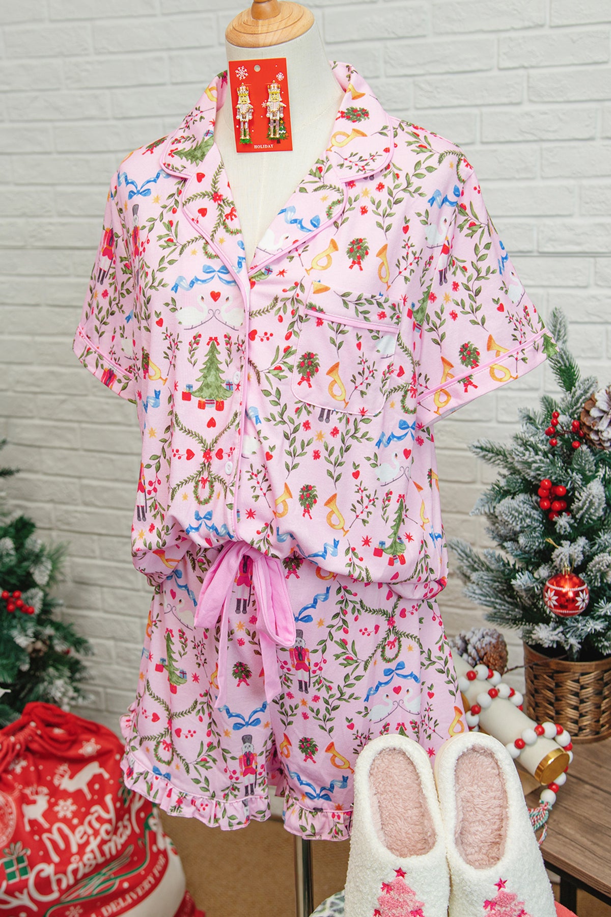 Pink Nutcracker Doll Christmas Print Ribbon Tie Waist Short 2pcs Pajama Set