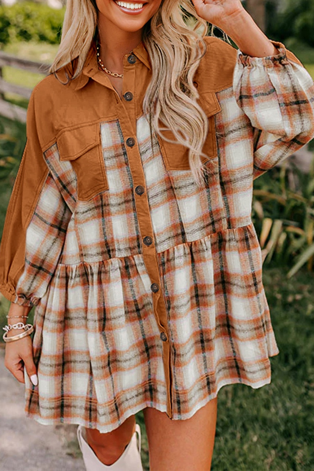 Khaki Plaid Color Block Patchwork Ruffle Hem Tunic Shirt Dress