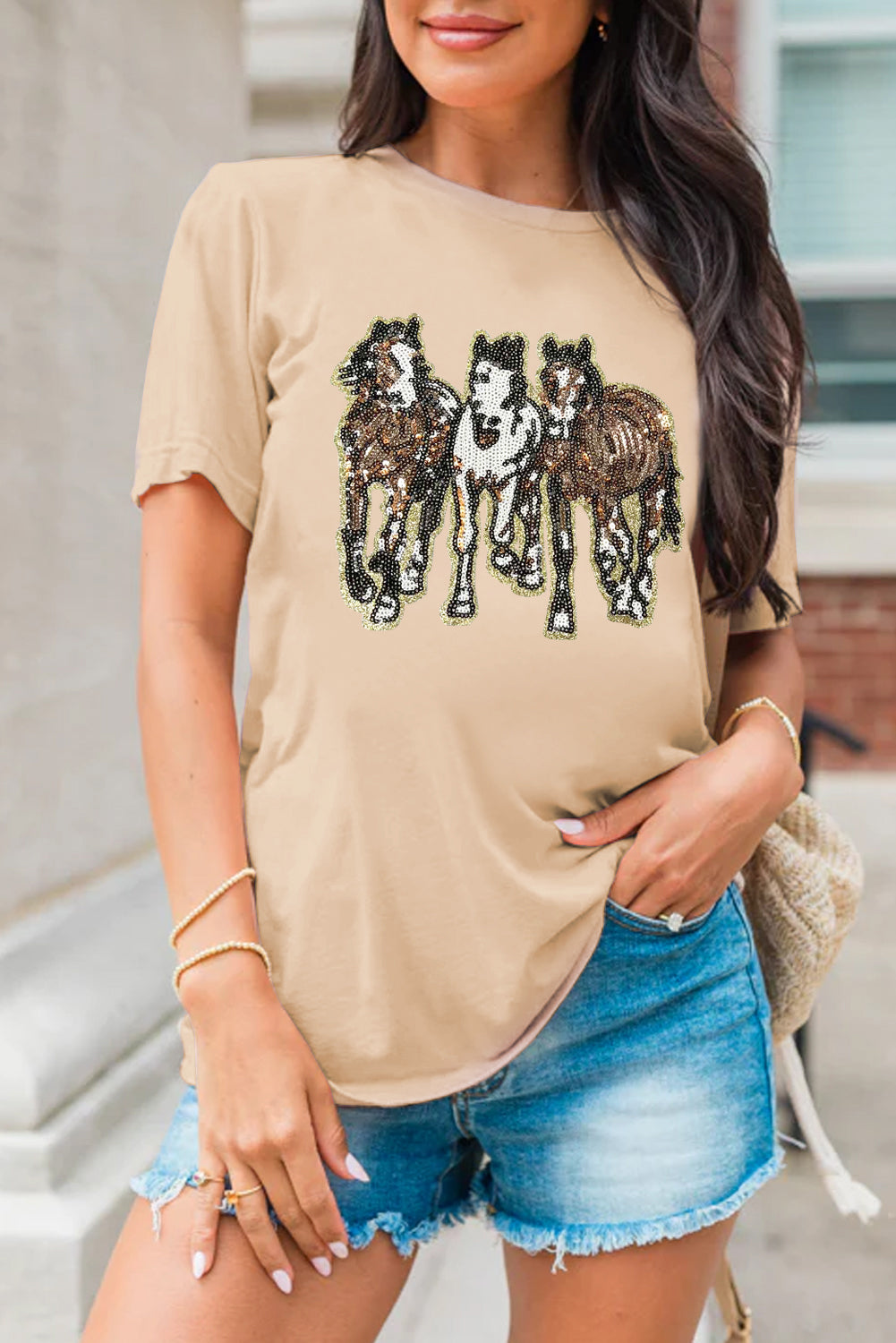 Khaki Sequin Horses Patched Casual Crewneck T Shirt
