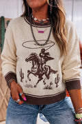 Oatmeal Western Print Color Block Ribbed Trim Crew Neck Shift Sweater