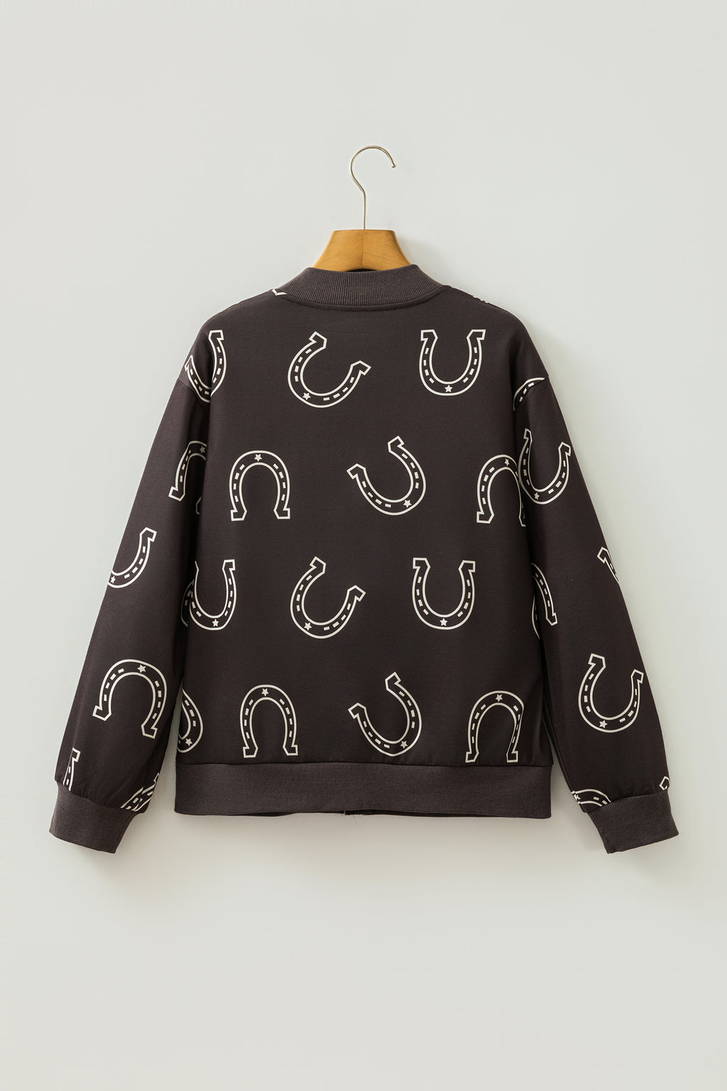 Brown Western Horseshoe Print Zipper Pocket Shift Jacket