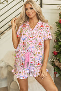 Pink Nutcracker Doll Christmas Print Ribbon Tie Waist Short 2pcs Pajama Set