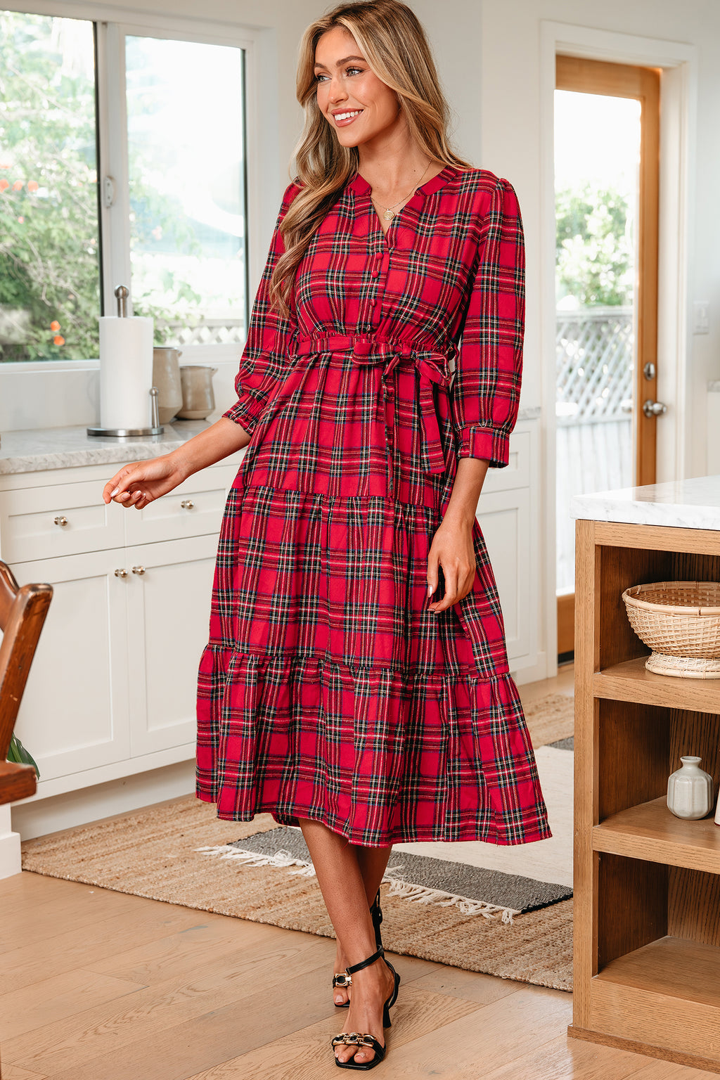 Red Christmas Plaid V Neck 3/4 Sleeve Tie Waist Ruffle Hem Long Dress