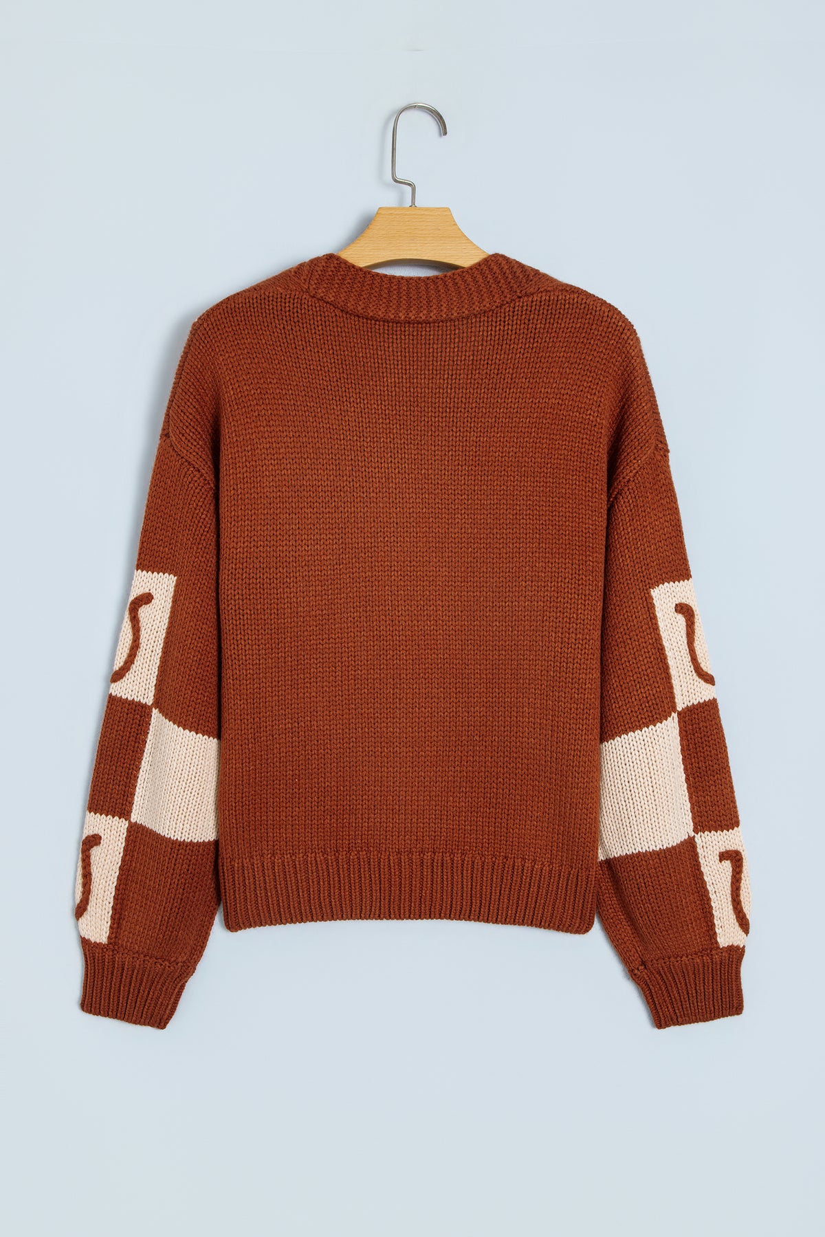 Brown Horseshoe Plaid V Neck Knit Button Front Sweater Cardigan