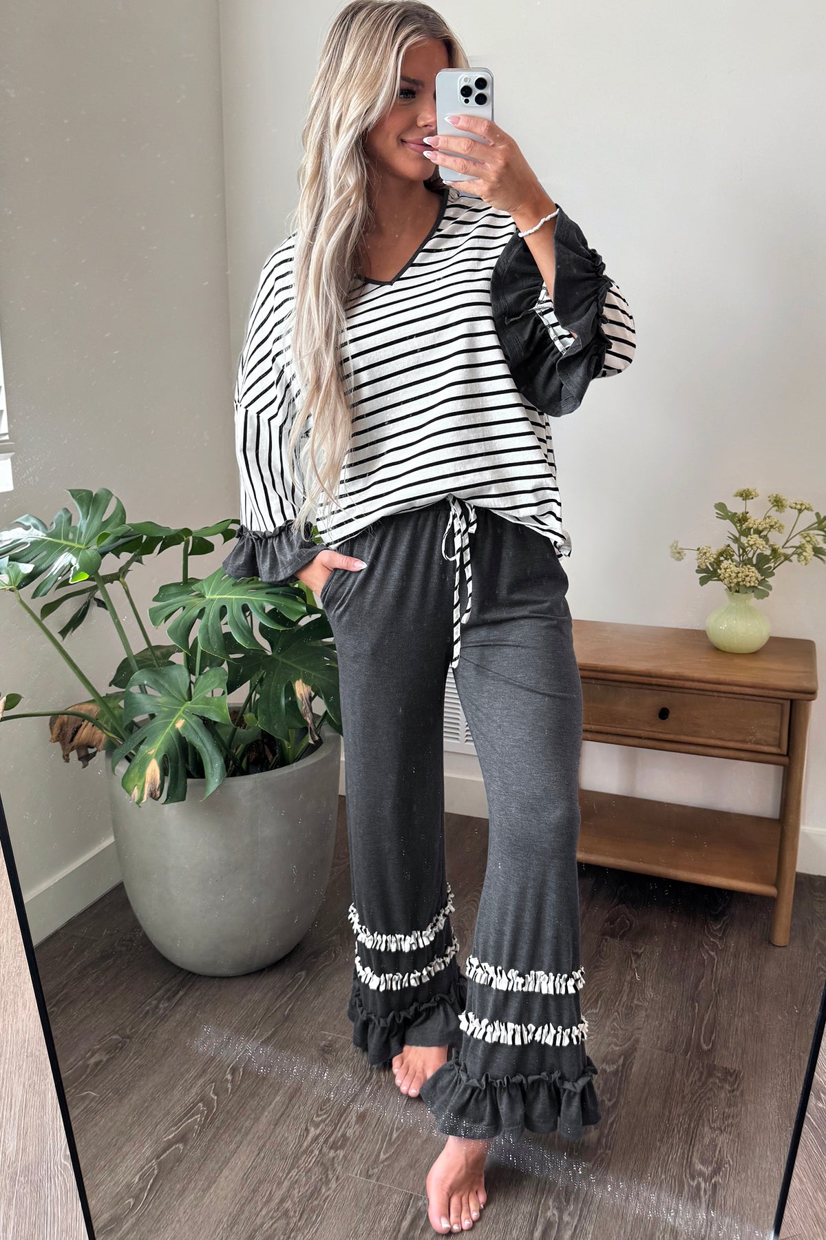 Khaki Stripe V Neck Ruffle Contrast Sleeve Top Drawstring Pants 2pcs Set