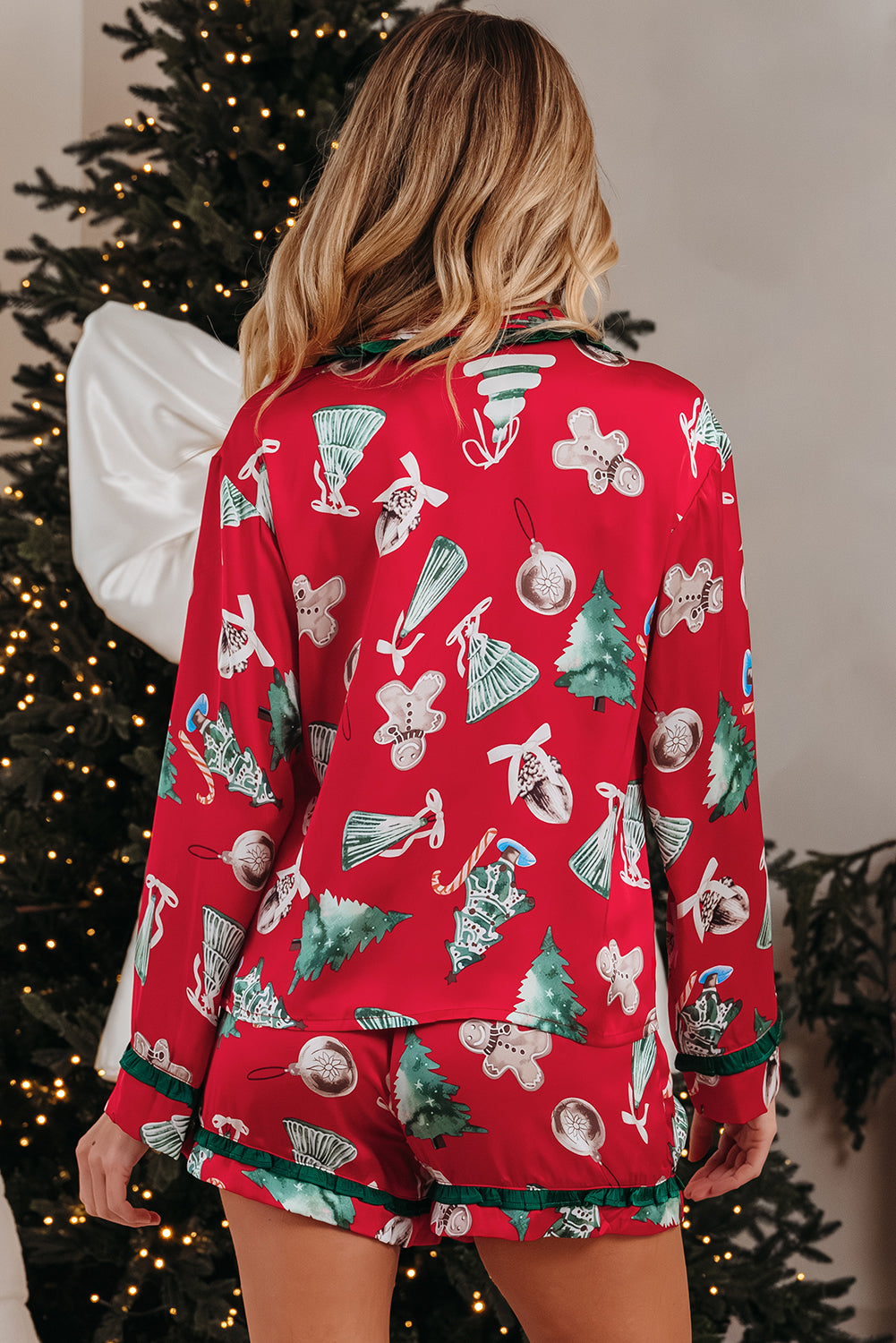 Red Christmas Fashion Print Contrast Ruffle Trim Ribbon Bow Knot 2pcs Pajama Set