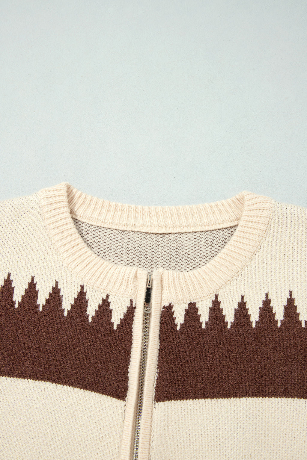 Beige Western Geometric Print Zip Front Loose Sweater Cardigan
