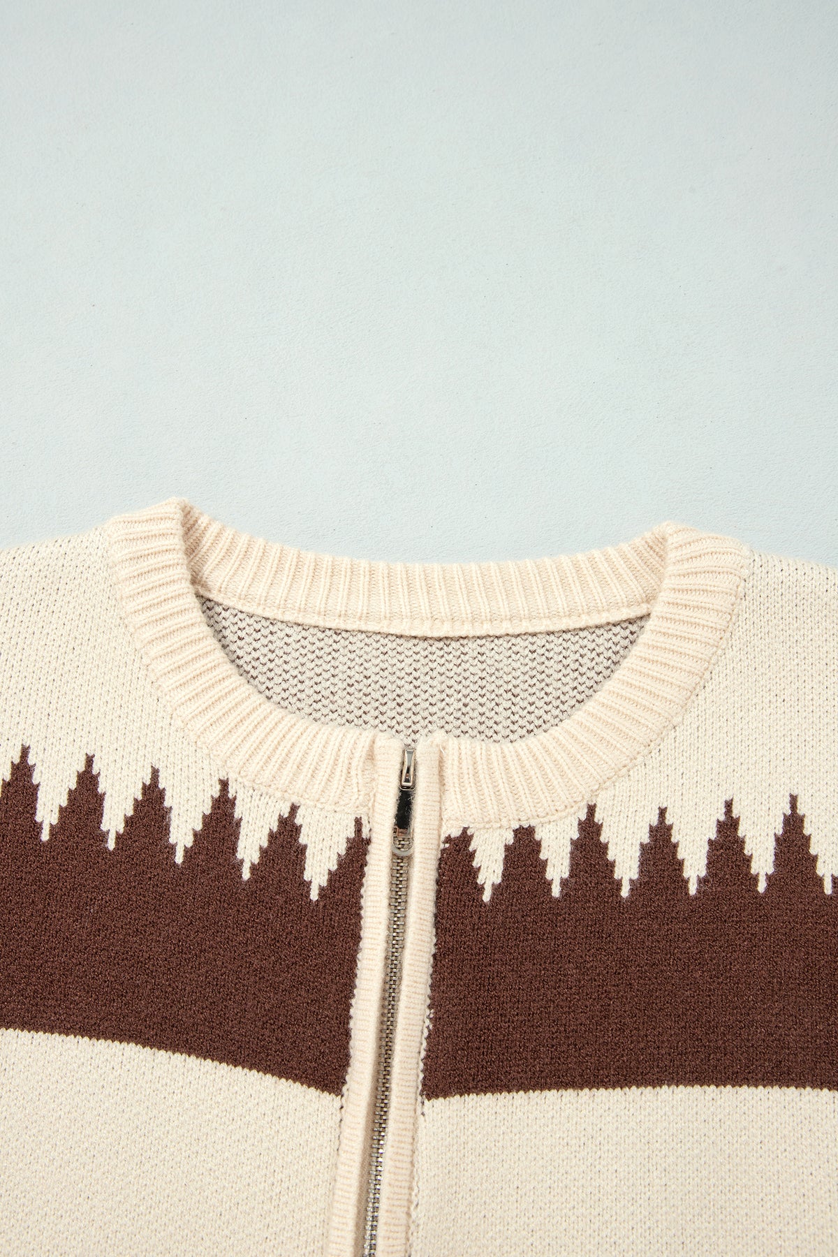 Beige Western Geometric Print Zip Front Loose Sweater Cardigan