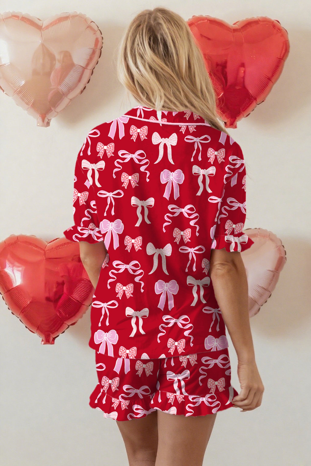 Red Sweet Bow Print Ruffled Short Sleeve Shirt Shorts 2pcs Pajama Set