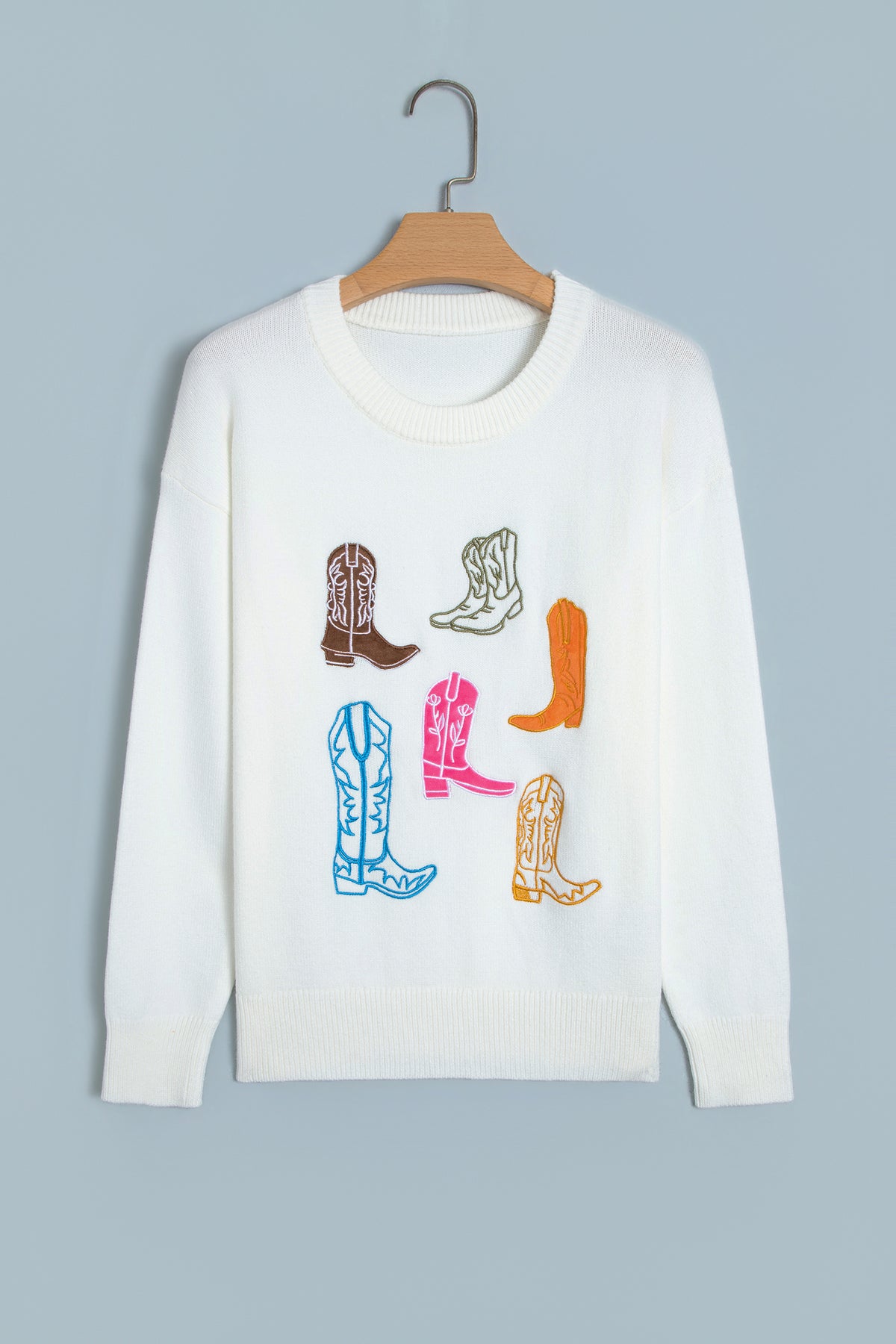 White Western Boots Embroidered Graphic Drop Shoulder Pullover Sweater