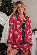 Red Christmas Fashion Print Contrast Ruffle Trim Ribbon Bow Knot 2pcs Pajama Set