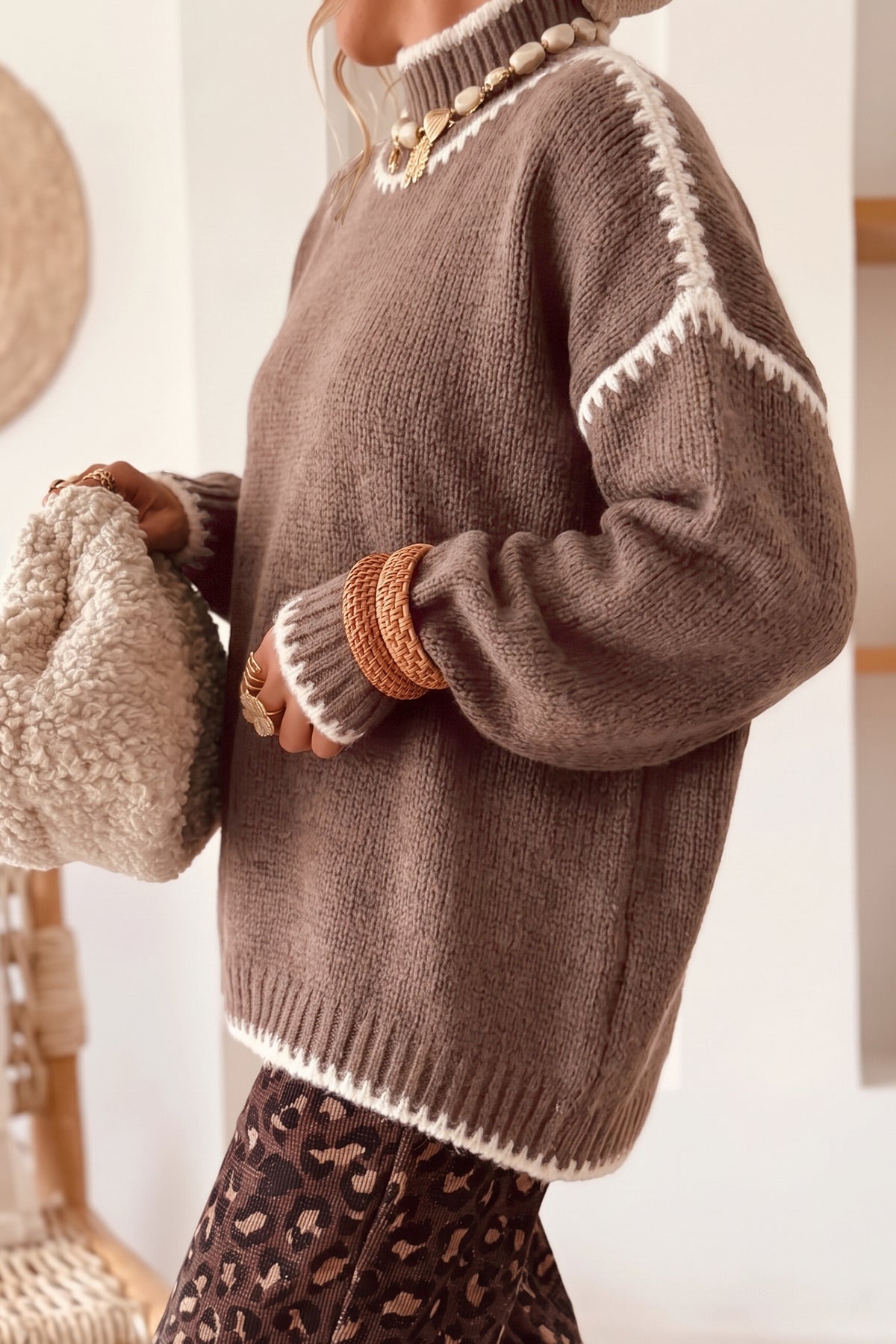 Dark Khaki Contrast Trim Mock Neck Drop Shoulder Relaxed Sweater